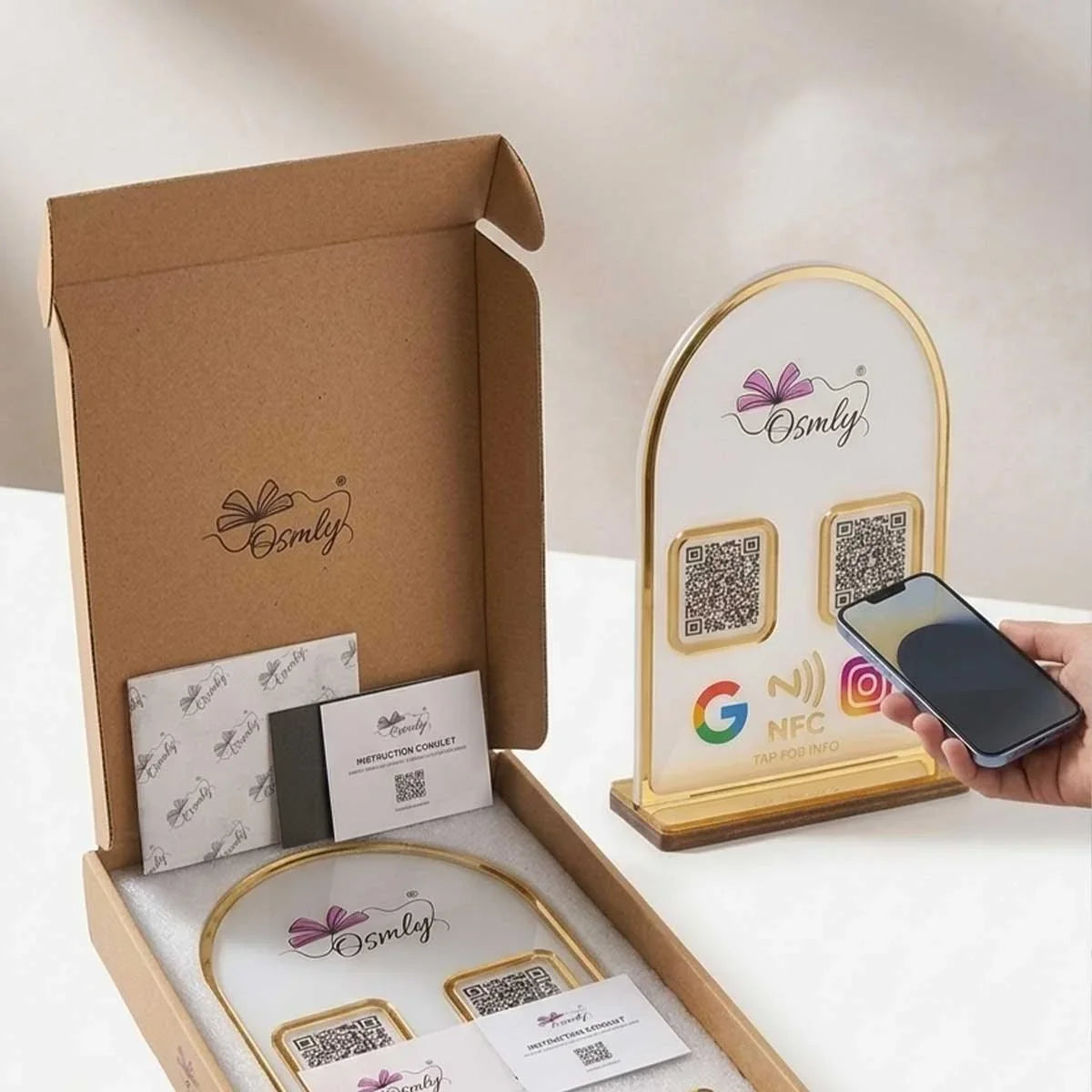 Gold Border Acrylic QR Stand-QR Code Stand-BusienssJi-BusienssJi