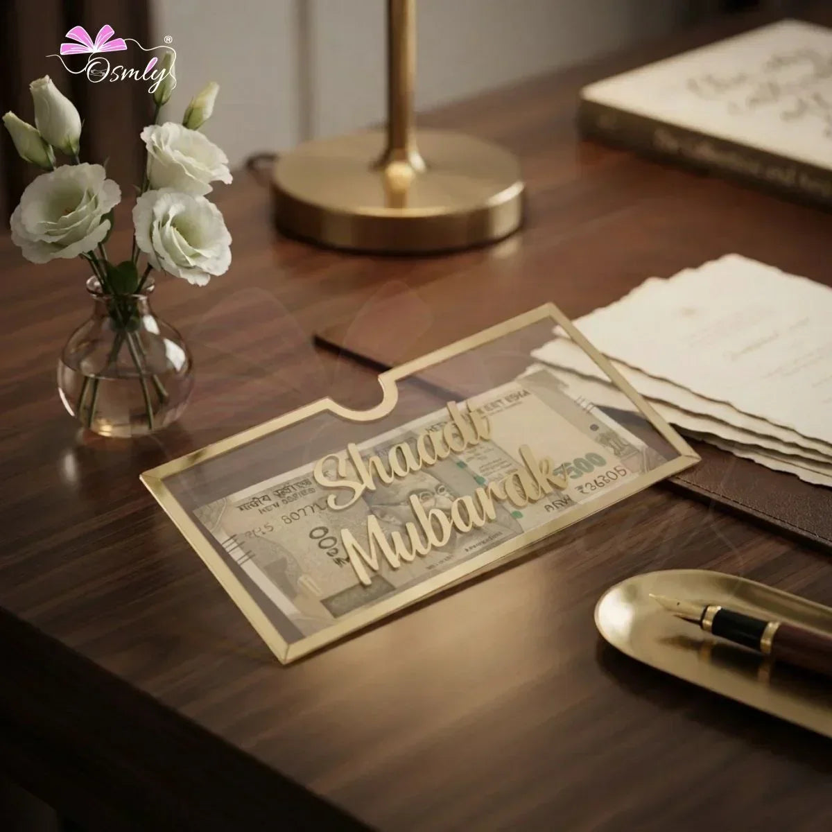 Shaadi Mubarak Gold Acrylic Shagun Envelope-envelope-BusienssJi-BusienssJi