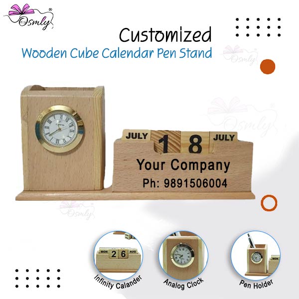 Wooden Cube Calendar Pen Stand